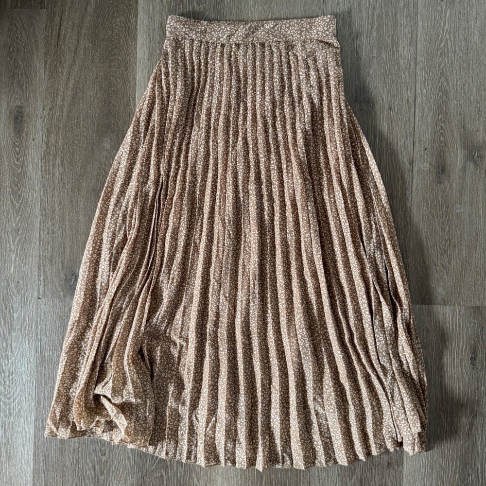 Japna Pleated Midi Skirt Women XS Tan Animal Print Elastic Waist Flowy